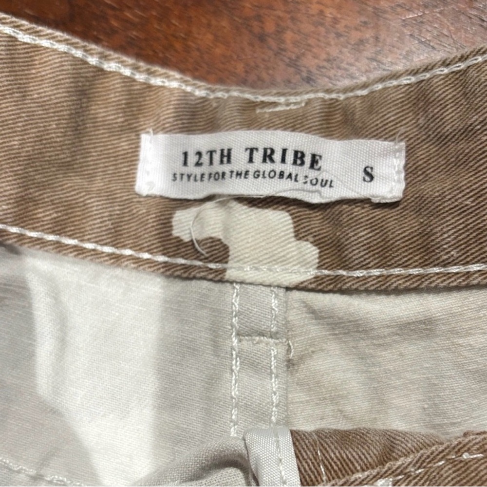 12th Tribe Tan and Cream Cow Print Shorts - Picture 2 of 3